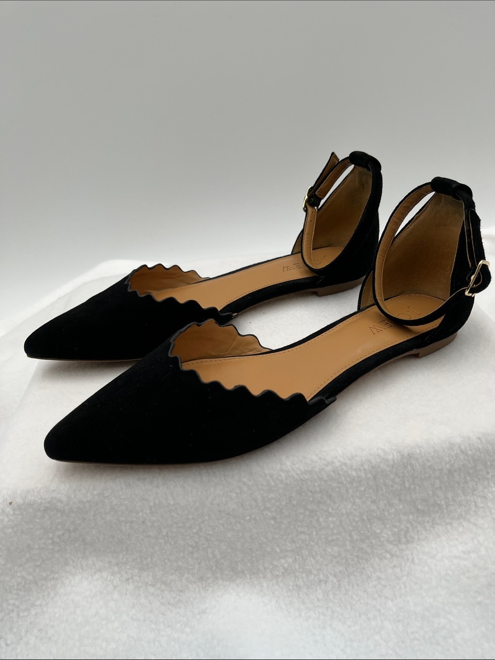 J. Crew Black Scalloped Pointed Ankle-Strap Flats - Picture 1 of 10
